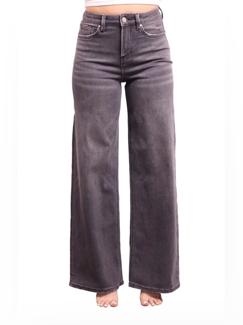 Ava Lane High-Rise Charcoal Wide Leg Tummy Control Jeans